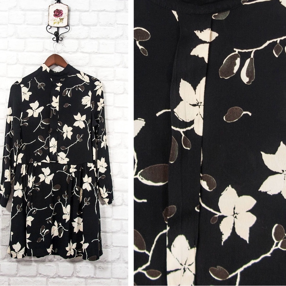 GANNI Rosemont Crepe Mock-neck Long Sleeve Black Floral Dress Size: 34